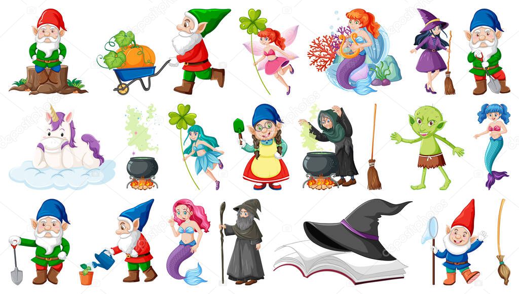 Set of fantasy fairy tale characters and elements illustration