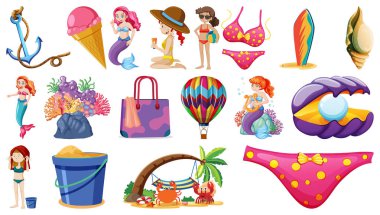 Yazlık plaj nesneleri ve çizgi film karakterlerinin çizimleri.