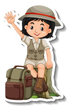 Safari kıyafetli kız çizgi film karakteri çıkartması çizimi