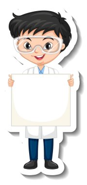 Bilimadamı çocuk çıkartma stili illüstrasyonla boş tahtayı tutuyor