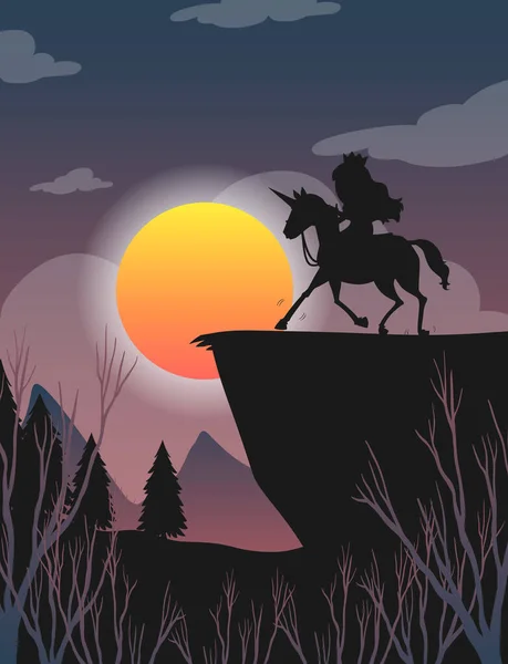 Halloween Nacht Hintergrund Mit Prinzessin Reiten Pferd Silhouette Illustration — Stockvektor