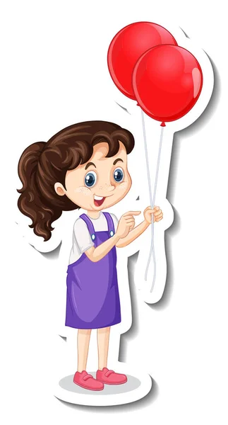 可爱的女孩拿着气球卡通人物贴纸插图 — 图库矢量图片