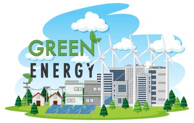 Rüzgar türbini ve güneş paneli illüstrasyonundan üretilen yeşil enerji