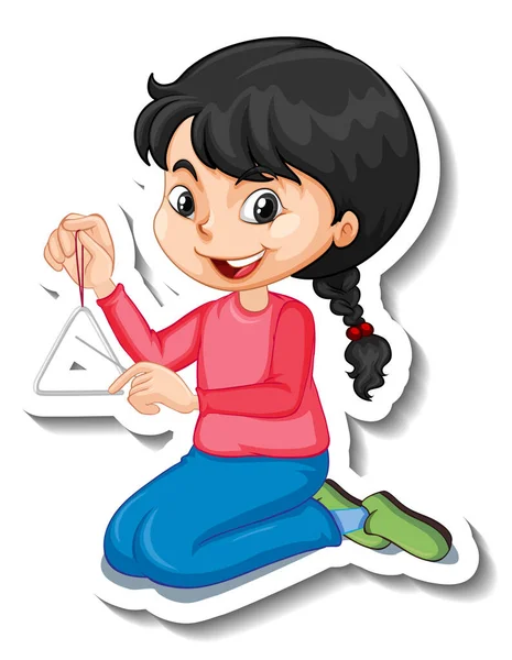 Una Chica Jugando Triángulo Dibujos Animados Personaje Pegatina Ilustración — Vector de stock