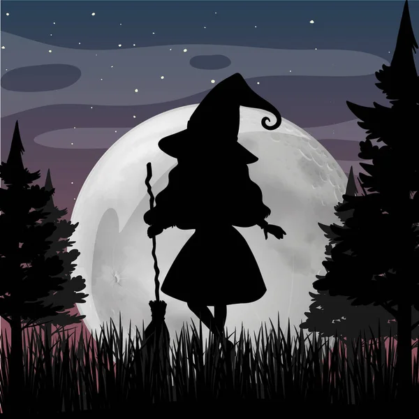 Halloween Notte Sfondo Con Strega Silhouette Illustrazione — Vettoriale Stock