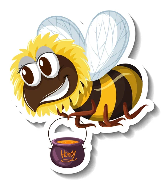 Funny Bee Holding Honey Bucket Cartoon Sticker Illustration — Stock Vector