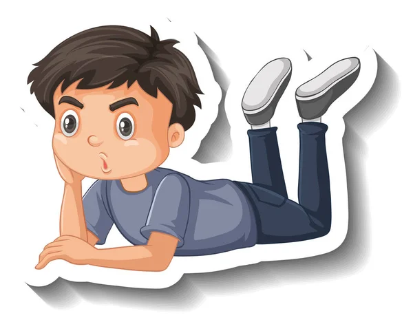 少年は地面に横たわって漫画のステッカーイラスト — ストックベクタ