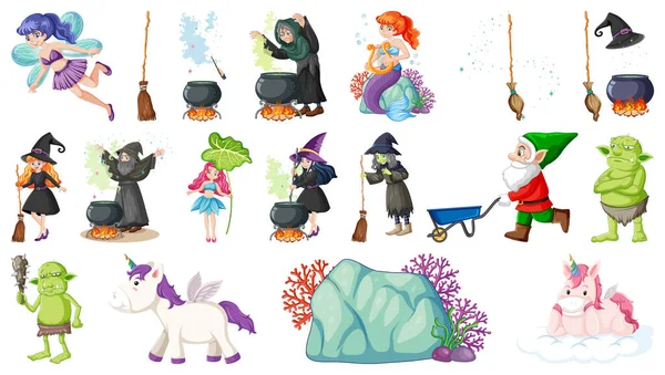 ファンタジー童話のキャラクターや要素のイラストのセット — ストックベクタ