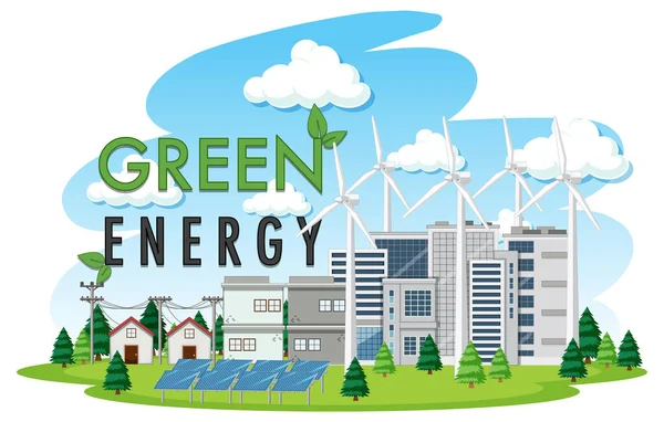 Rüzgar Türbini Güneş Paneli Illüstrasyonundan Üretilen Yeşil Enerji — Stok Vektör