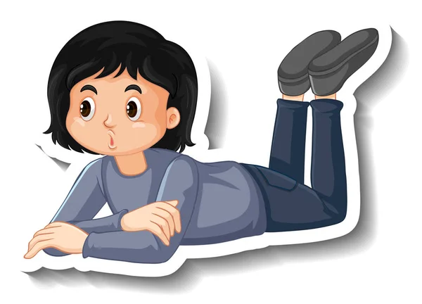 少女は地面に横たわって漫画のステッカーイラスト — ストックベクタ