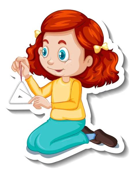 Ein Mädchen Spielt Dreieck Cartoon Figur Aufkleber Illustration — Stockvektor