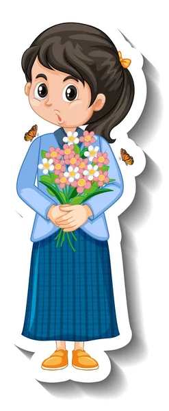 Szczęśliwa Dziewczyna Gospodarstwa Bukiet Kwiat Kreskówki Ilustracja — Wektor stockowy