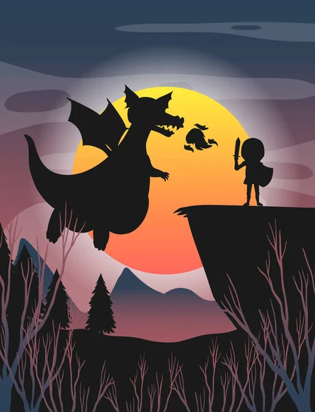Fondo Noche Halloween Con Ilustración Silueta Voladora Dragón — Vector de stock