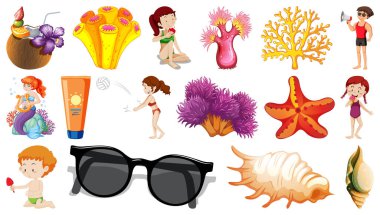 Yazlık plaj nesneleri ve çizgi film karakterlerinin çizimleri.