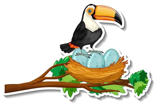 木の枝のイラストに卵が多いトウカン鳥 — ストックベクタ