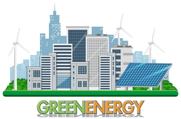 風力タービンで発電したグリーンエネルギーと太陽光パネルイラスト — ストックベクタ