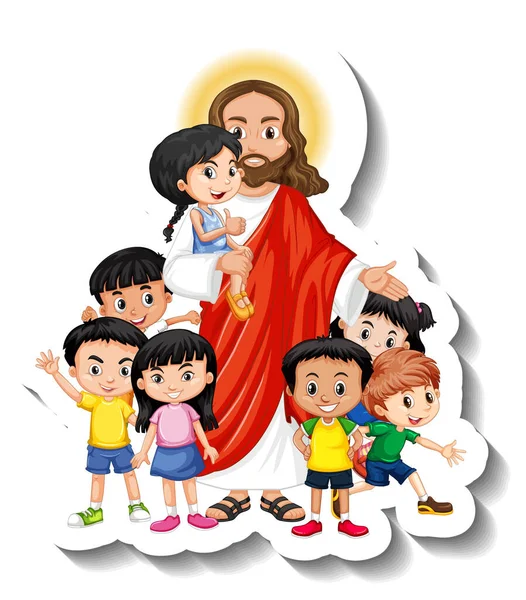 Jesus Christus Mit Kindergruppenaufkleber Auf Weißem Hintergrund — Stockvektor