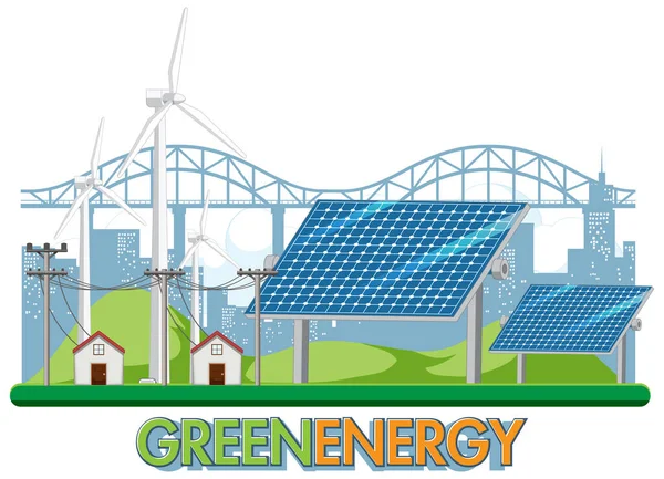 Zelená Energie Generovaná Větrnou Turbínou Solárním Panelem Ilustrace — Stockový vektor