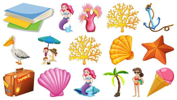 Yazlık Plaj Nesneleri Çizgi Film Karakterlerinin Çizimleri — Stok Vektör