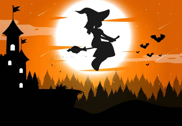 Fondo Noche Halloween Con Silueta Bruja Ilustración — Vector de stock