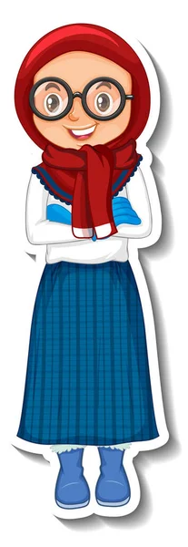 Cute Muslim Gadis Dalam Pakaian Musim Dingin Karakter Kartun Ilustrasi - Stok Vektor