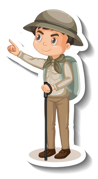 Chlapec Nosit Safari Oblečení Kreslený Znak Nálepka Ilustrace — Stockový vektor