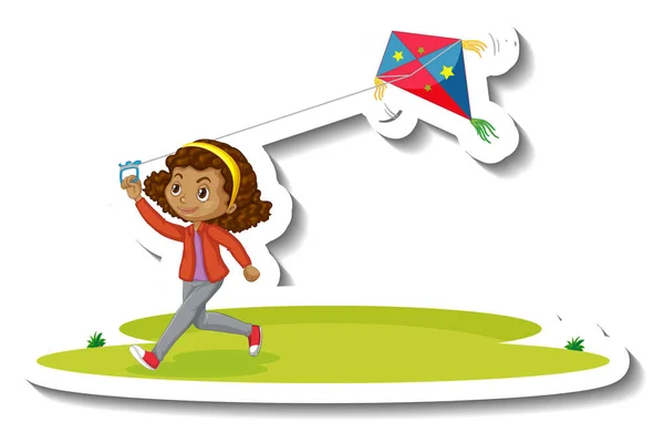 Girl Playing Kite Cartoon Character Sticker Illustration — Stock Vector