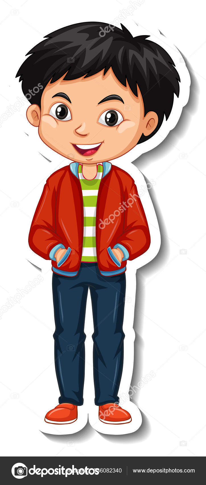 Asian Boy Wears Red Jacket Cartoon Character Sticker Illustration