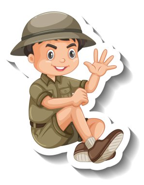 Çocuk safari kıyafeti giyiyor. Çizgi film karakteri çıkartması.