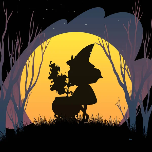 Fondo Noche Halloween Con Silueta Bruja Ilustración — Archivo Imágenes Vectoriales