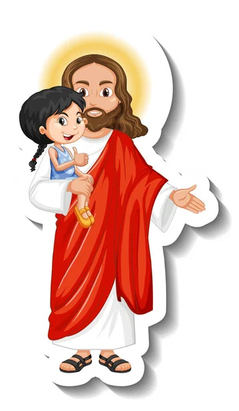 Jesus Christus Hält Einen Kinderaufkleber Auf Weißem Hintergrund — Stockvektor