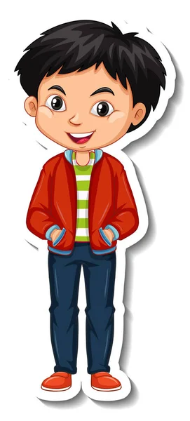 Asian Boy Wears Red Jacket Cartoon Character Sticker Illustration — стоковый вектор