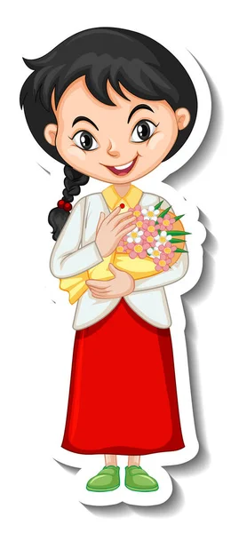 Dziewczyna Trzyma Kwiat Bukiet Kreskówka Charakter Ilustracja — Wektor stockowy