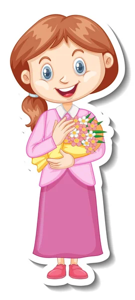 Girl Holding Flower Bouquet Cartoon Character Illustration — Stock Vector
