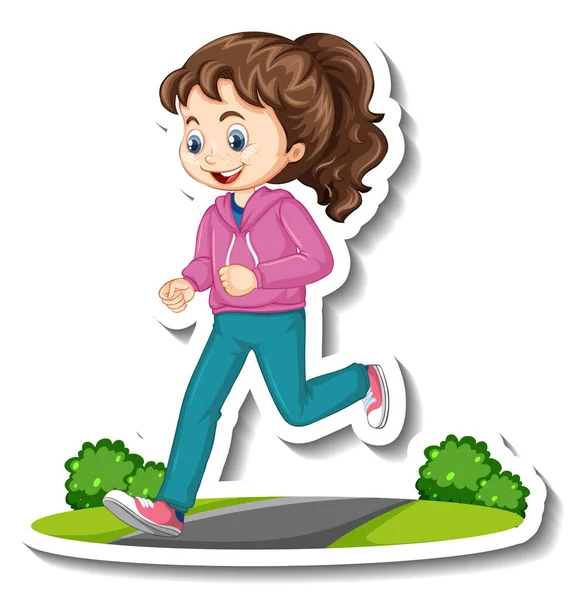 Etiqueta Engomada Personaje Dibujos Animados Con Una Chica Corriendo Ilustración — Vector de stock