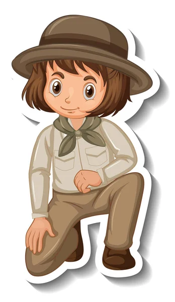 Ragazza Safari Vestito Cartone Animato Personaggio Adesivo Illustrazione — Vettoriale Stock