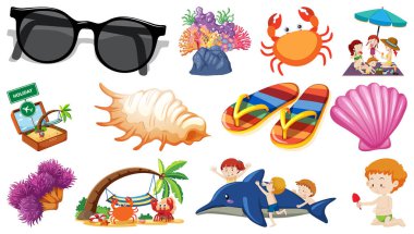 Yazlık plaj nesneleri ve çizgi film karakterlerinin çizimleri.