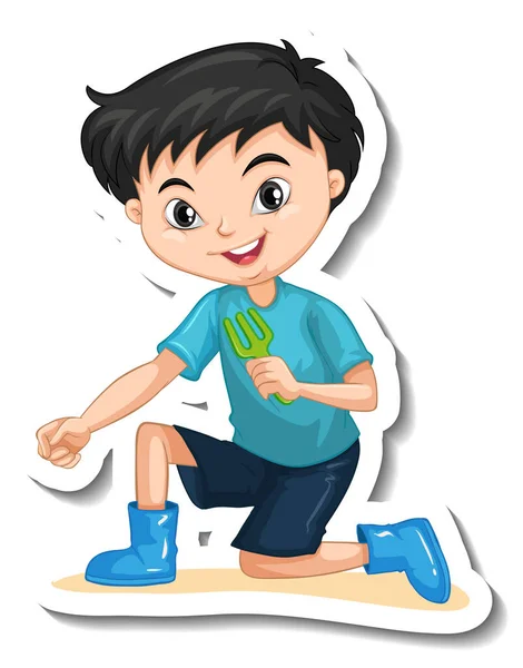 Boy Wears Boots Holding Gardening Fork Illustration — стоковый вектор