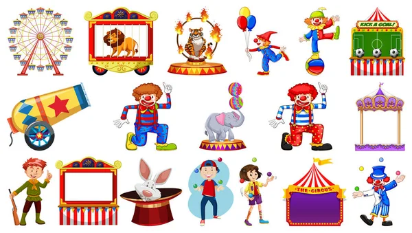 Set Von Zirkusfiguren Und Elementen Des Freizeitparks Illustration — Stockvektor