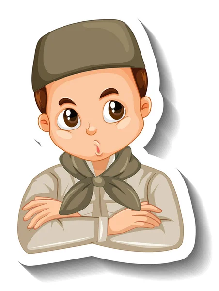 サファリ衣装のイスラム教徒の少年漫画のキャラクターステッカーイラスト — ストックベクタ
