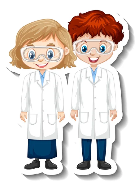 Stiker Karakter Kartun Dengan Beberapa Ilmuwan Dalam Ilustrasi Gaun Sains - Stok Vektor