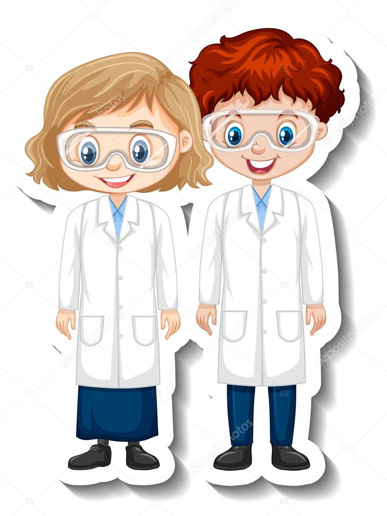 Cartoon character sticker with couple scientists in science gown illustration