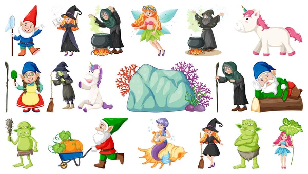 Conjunto Fantasia Conto Fadas Personagens Elementos Ilustração — Vetor de Stock