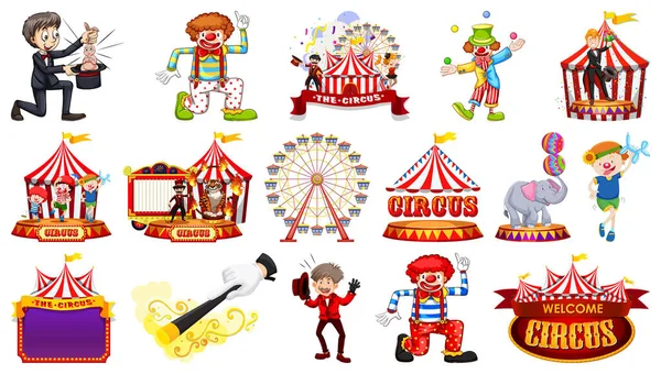 Ensemble Personnages Cirque Éléments Parc Attractions Illustration — Image vectorielle