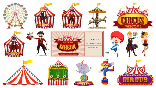 Conjunto Personajes Circo Elementos Del Parque Atracciones Ilustración — Archivo Imágenes Vectoriales
