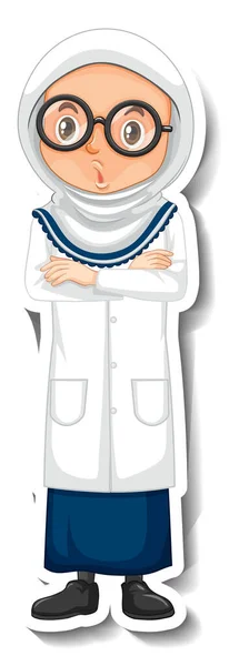 Scientifique Musulmane Fille Dessin Animé Personnage Autocollant Illustration — Image vectorielle