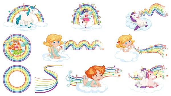 Set Fantasy Fairies Cupids Rainbow Elements Illustration — Stockový vektor