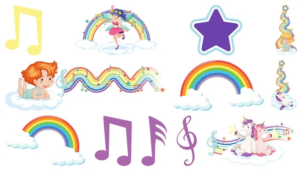 Set Fantasy Fairies Cupids Rainbow Elements Illustration — Stock Vector