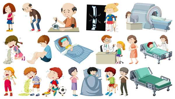 Set Sick People Different Symptoms Illustration — Stock Vector