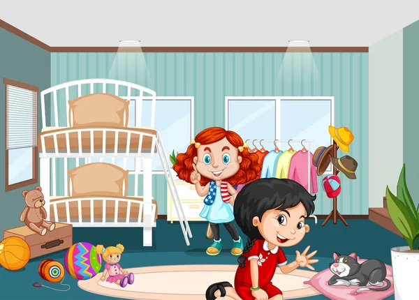 Mädchen Schlafzimmer Interieur Mit Glücklichen Kindern Zeichentrickfigur Illustration — Stockvektor